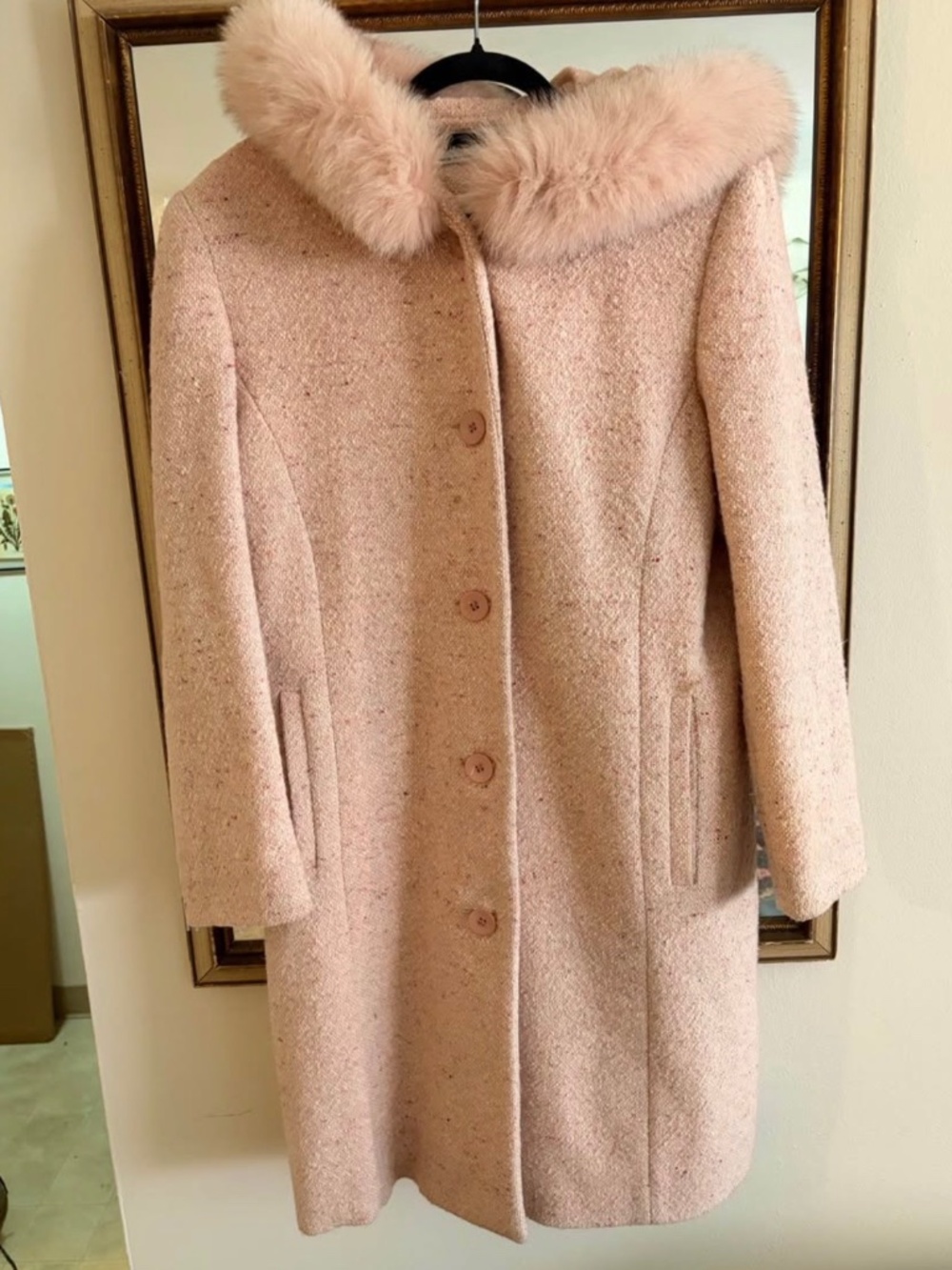 Pink tweed faux fur hooded jacket